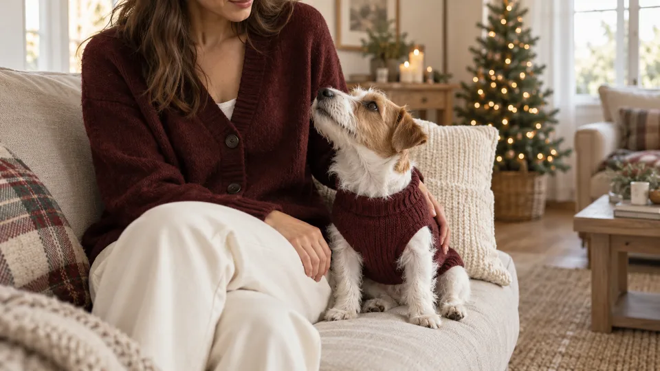 A terrier in a burgundy sweater sits beside an owner in a matching cardigan near a softly blurred Christmas tree.