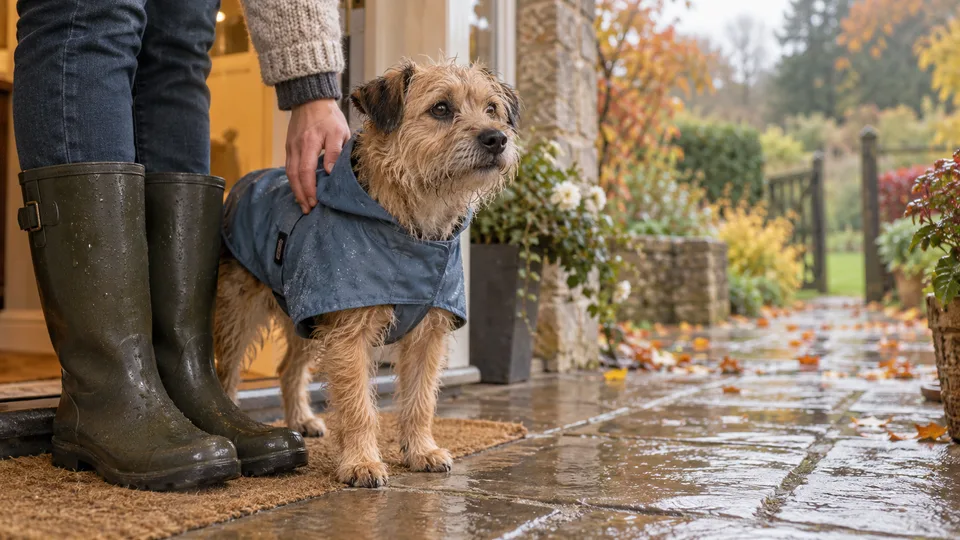 A terrier in a blue raincoat with the hood down stands beside an owner at a rain-damp porch.