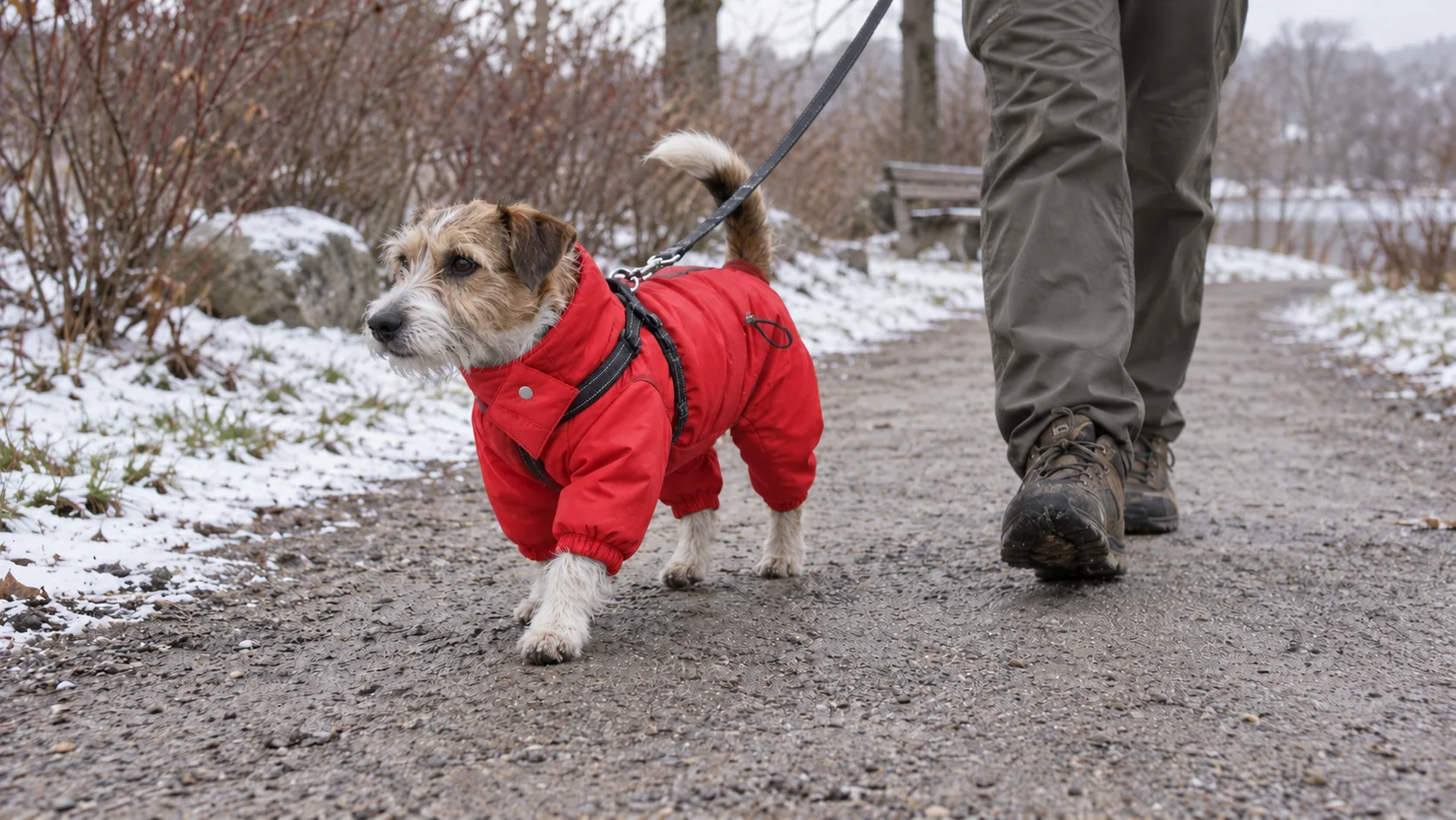 A small terrier in a red four-leg suit walks beside its owner on a lightly snowy path.