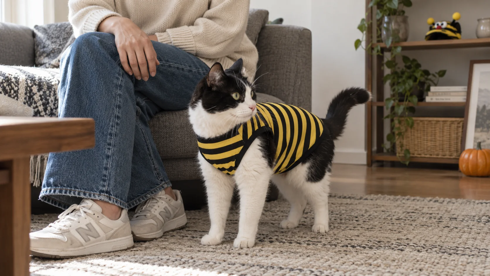 A black-and-white cat wears a striped bee body garment beside its seated owner, with its ears uncovered.