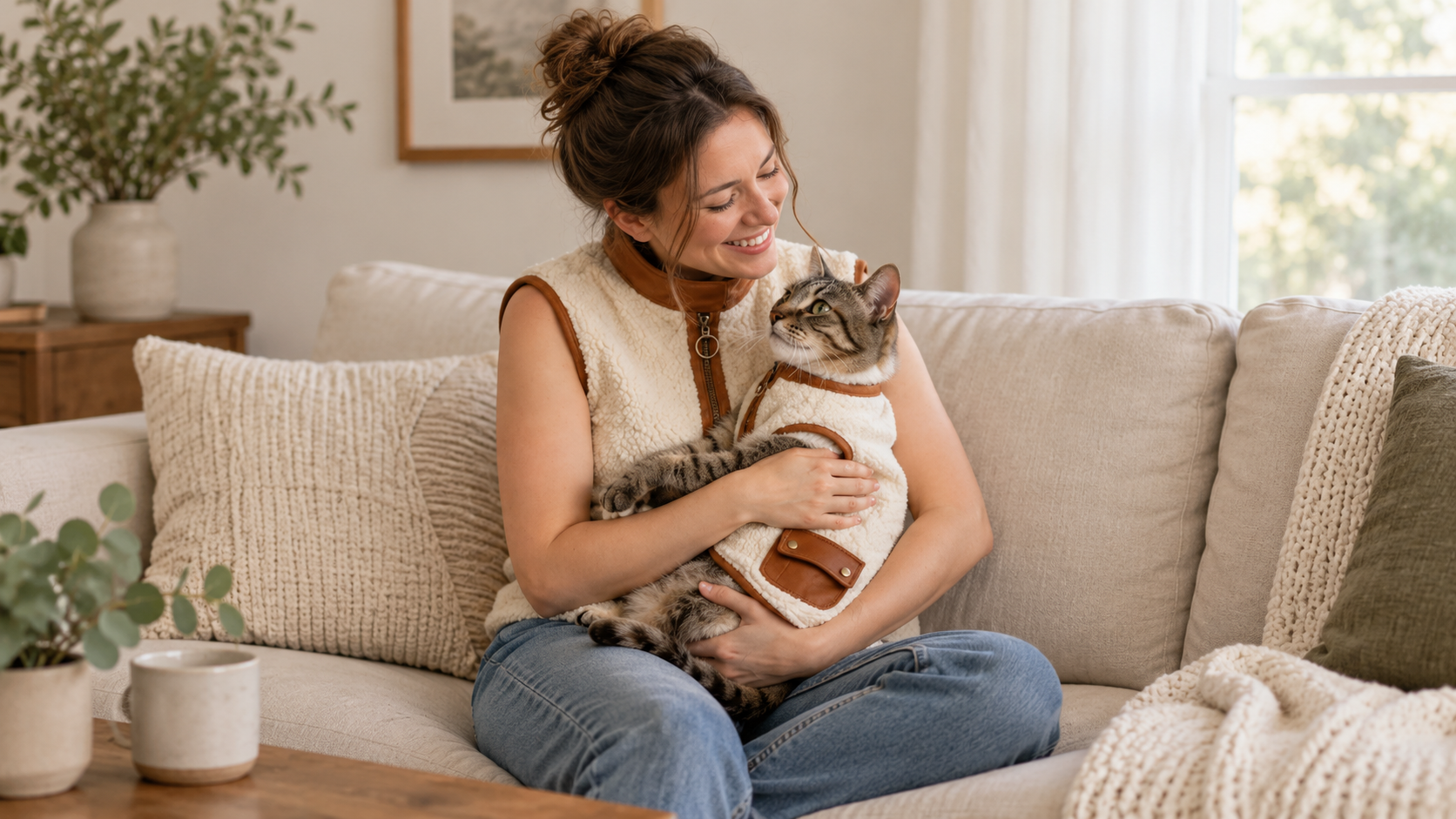 Owner holding a relaxed, naturally proportioned cat wearing a sherpa vest.