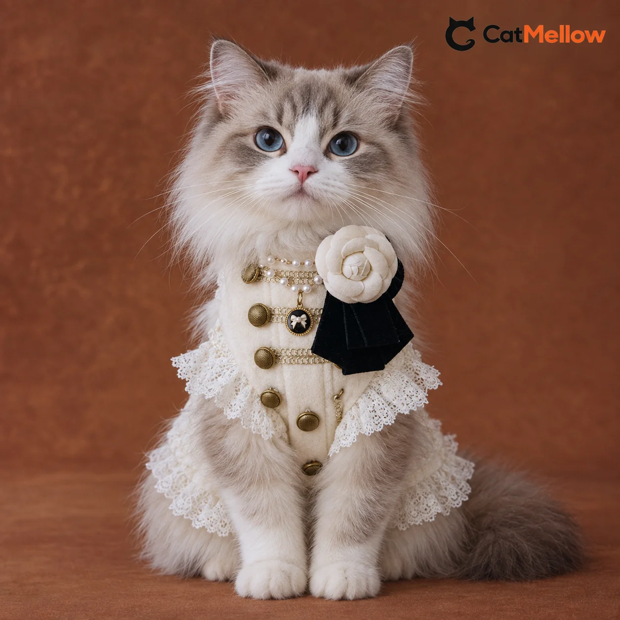 Cat wearing the Napoleon lace-trim vest