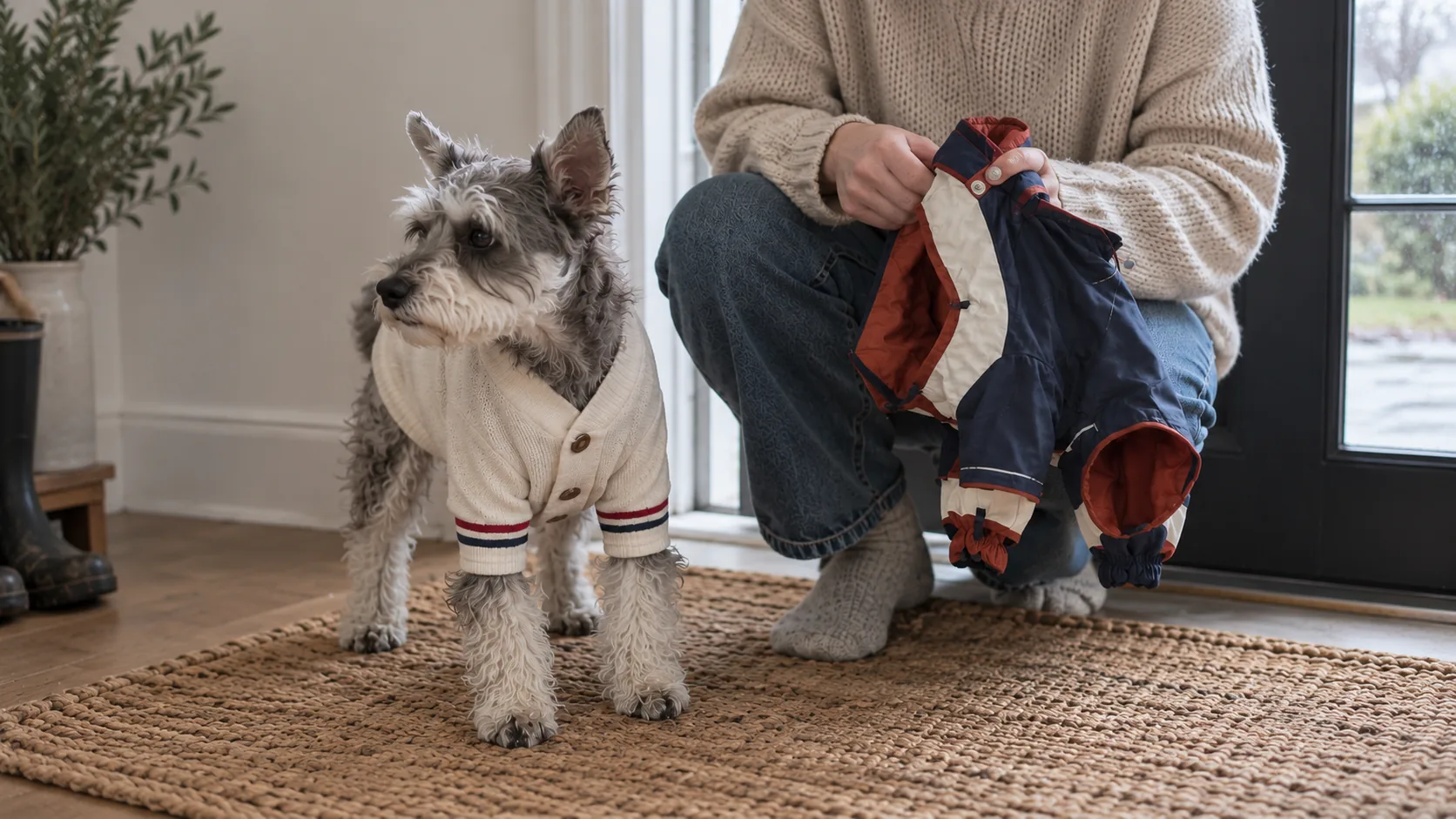 A schnauzer wears a cream cardigan while its owner holds a separate navy and red raincoat.