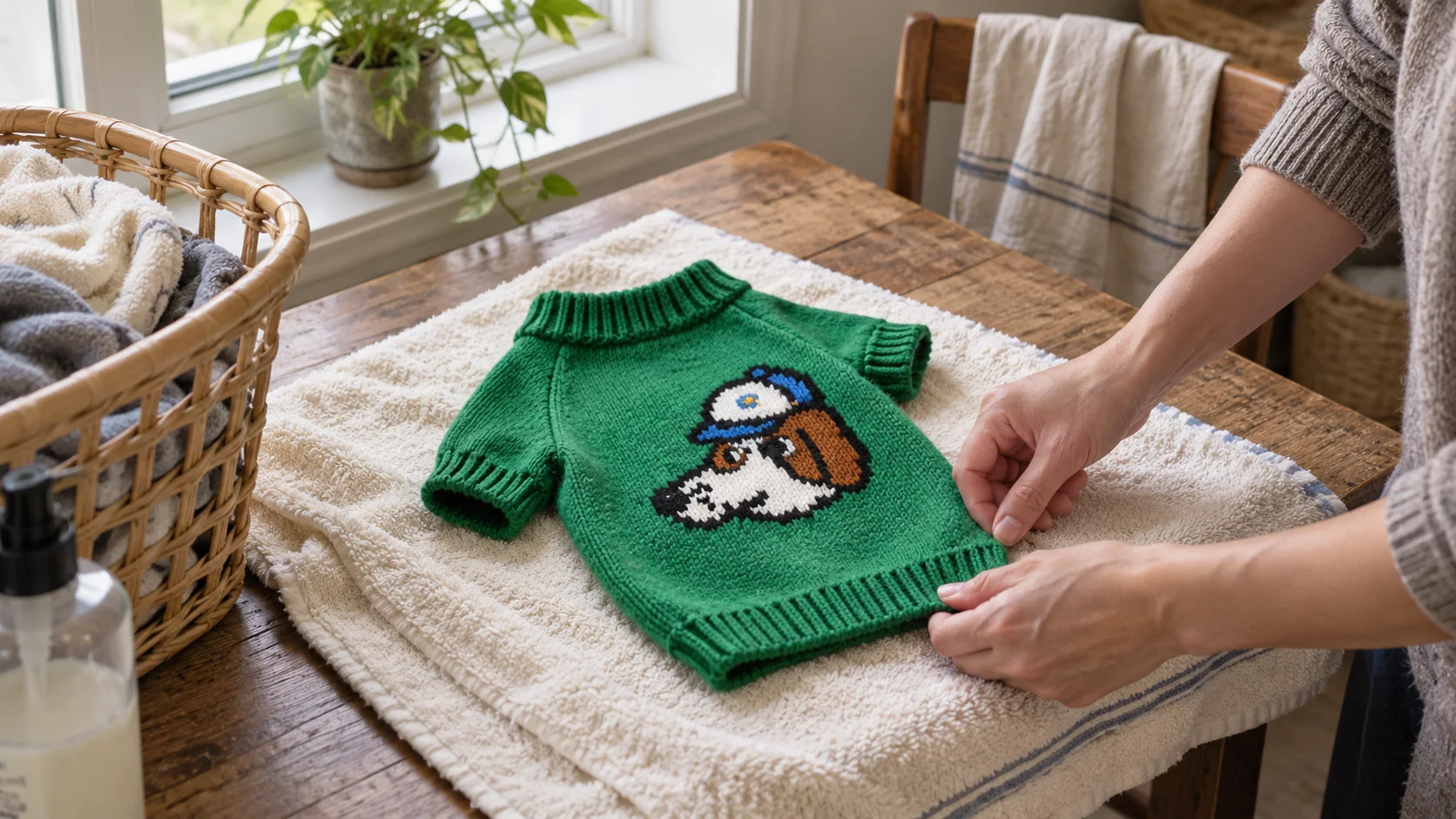 Hands reshape a green knitted dog sweater laid flat on a towel beside a window.