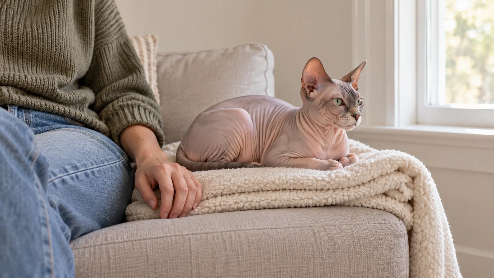 A Sphynx cat rests without clothing on a cream blanket beside its owner near a window.