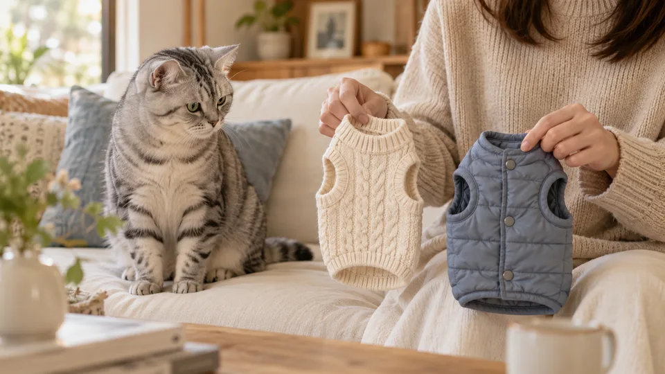A tabby cat watches an owner compare a cream knit pet sweater with a blue quilted vest.