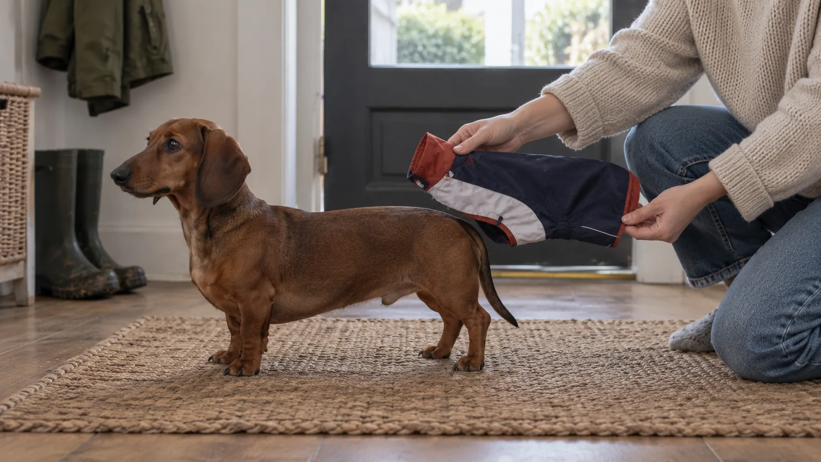 An owner holds a folded raincoat beside a standing Dachshund before a fitting.