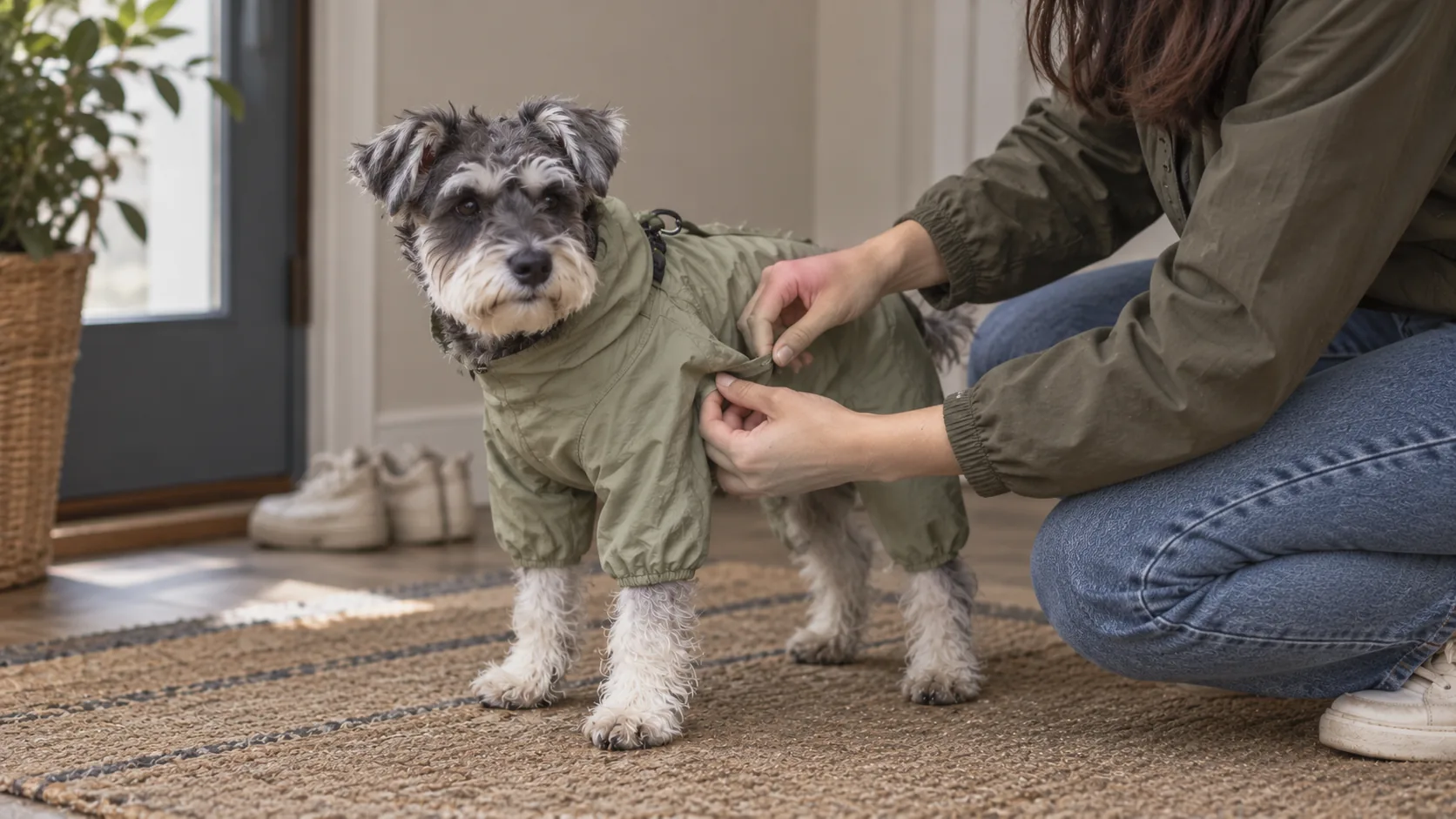 An owner checks fabric near the front shoulder of a small schnauzer wearing a green raincoat.