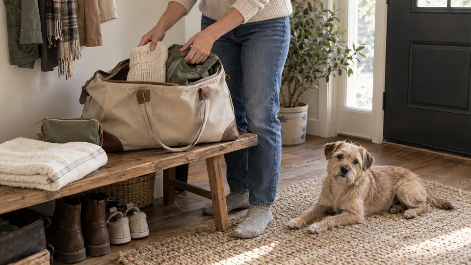 An owner packing a dog sweater, raincoat and towel into a canvas weekend bag while a relaxed terrier waits nearby.
