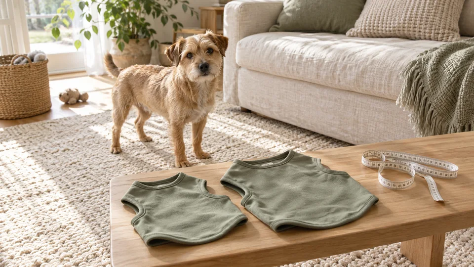 Two sage dog vests and a soft measuring tape on an oak bench beside a relaxed tan dog.