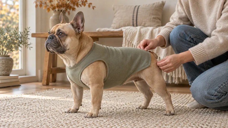 An owner checks the back hem of a sage vest on a standing fawn French Bulldog.