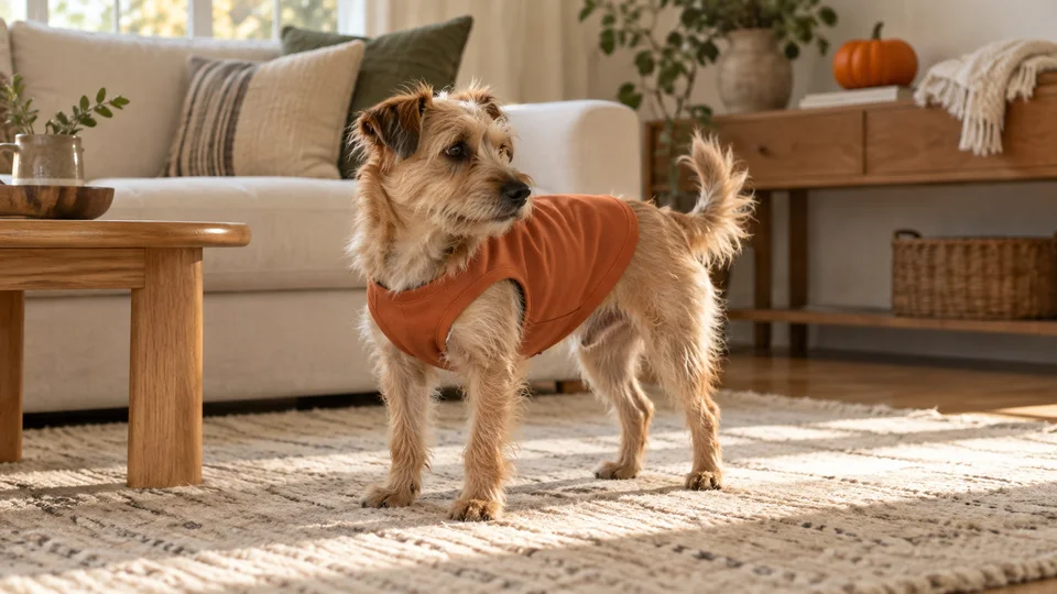 Small tan terrier wearing a plain orange vest in a softly lit room with a pumpkin in the background.