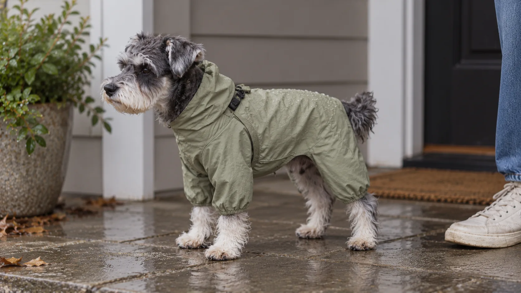 A small schnauzer in a green raincoat stands beside its owner on damp porch paving.