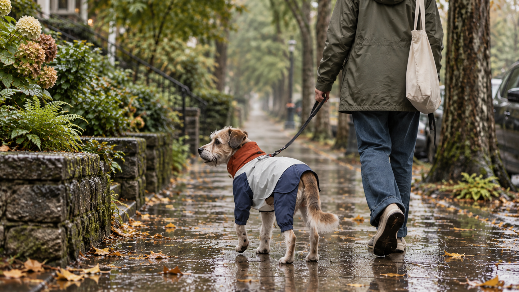Dog wearing a red, white and blue four-leg raincoat.