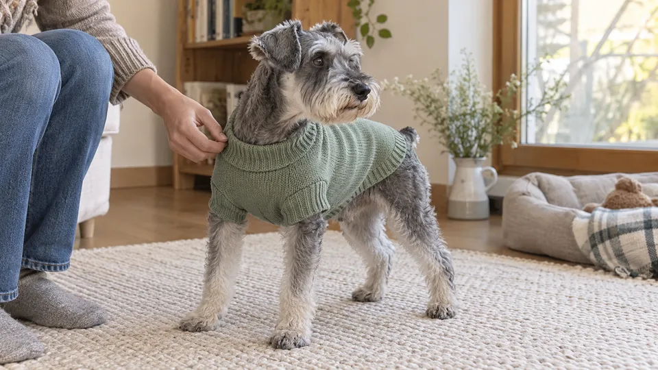 An owner gently checking the shoulder opening of a sage green sweater on a small schnauzer at home.