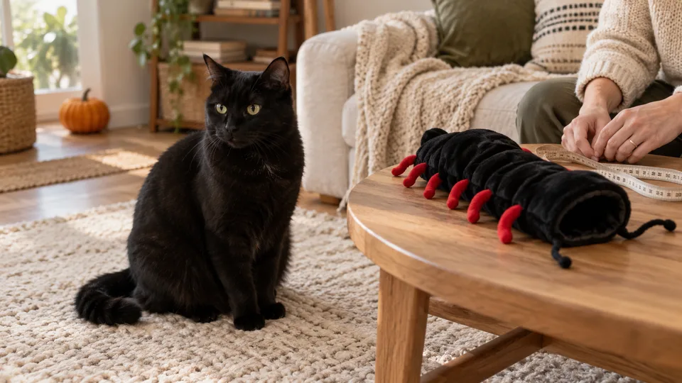 A black cat beside a plush centipede-style costume and measuring tape on an oak table.