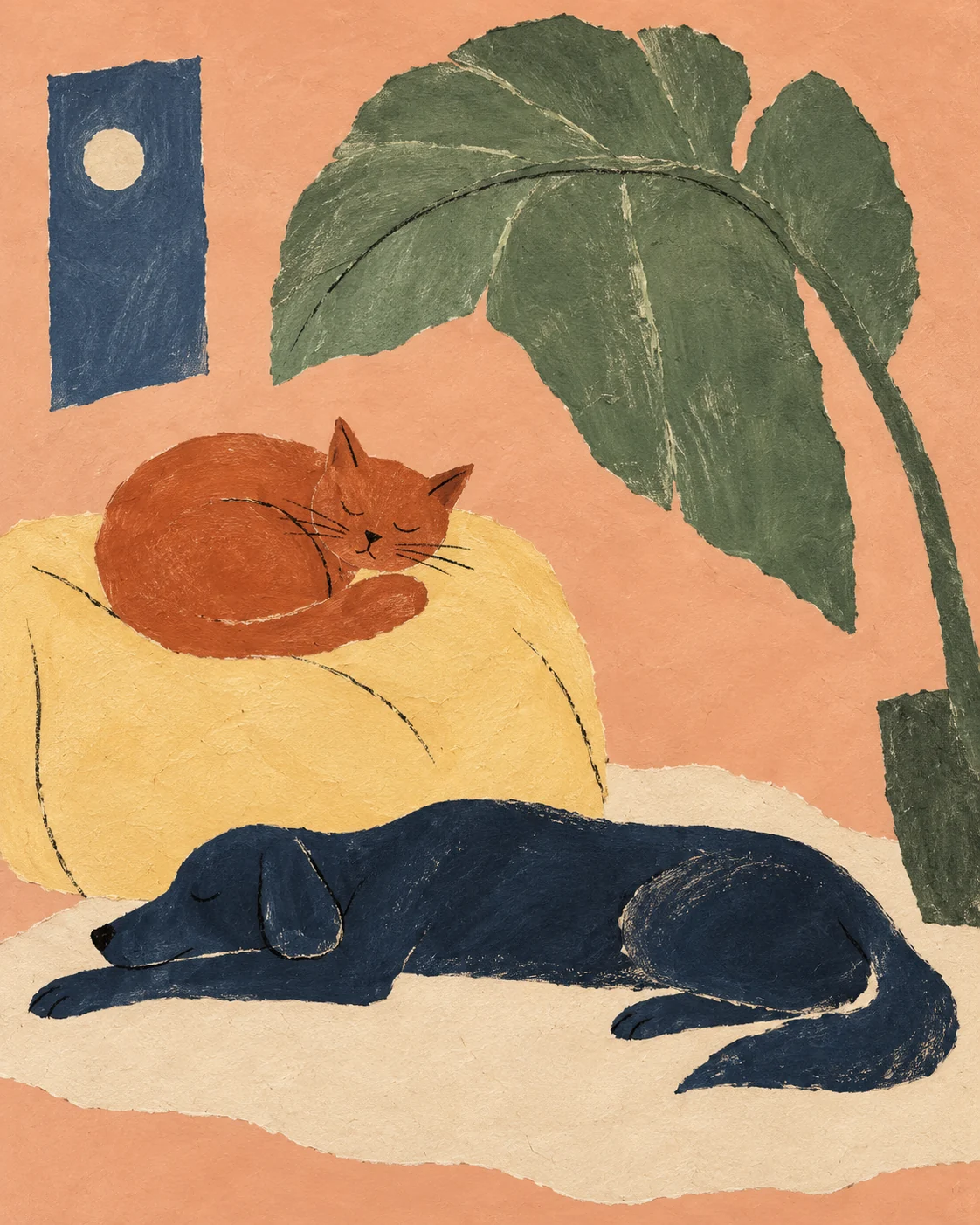 Abstract gouache painting of a sleeping cat and dog beneath a large green leaf.