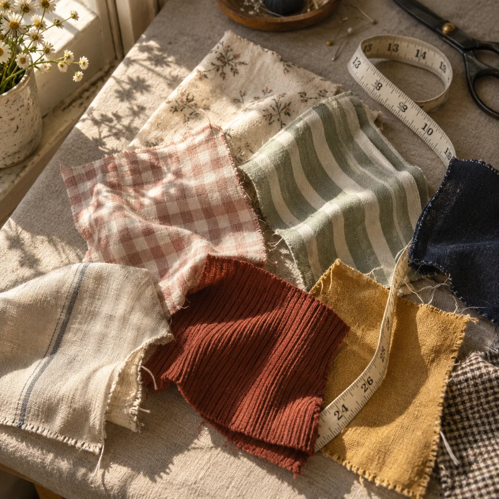Fabric swatches and a soft measuring tape arranged in warm window light.