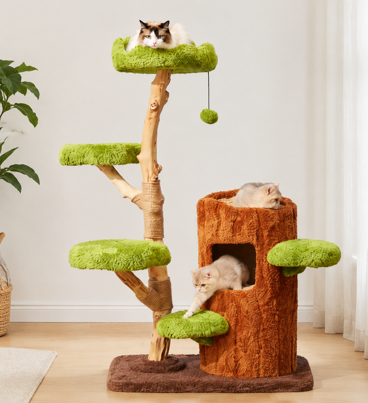 Luxury Wooden Cat Tree Tower with Cozy Cat Condo, Scratching Posts & Multi-Level Playground