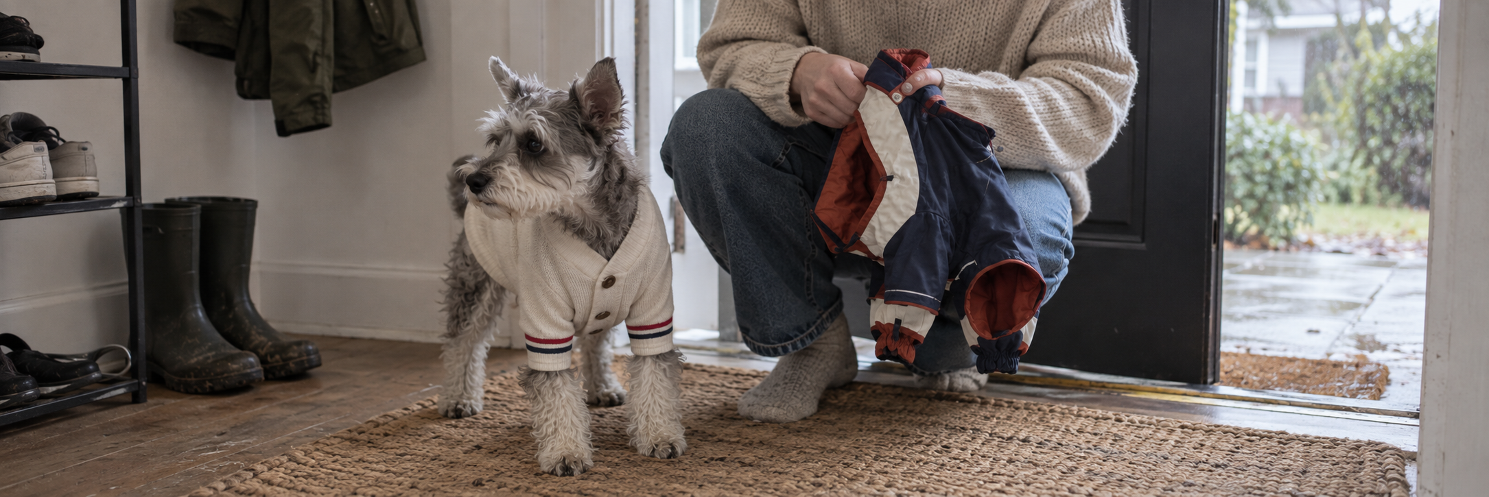 Small dog in a cream knit cardigan by the front door while its owner holds a raincoat.